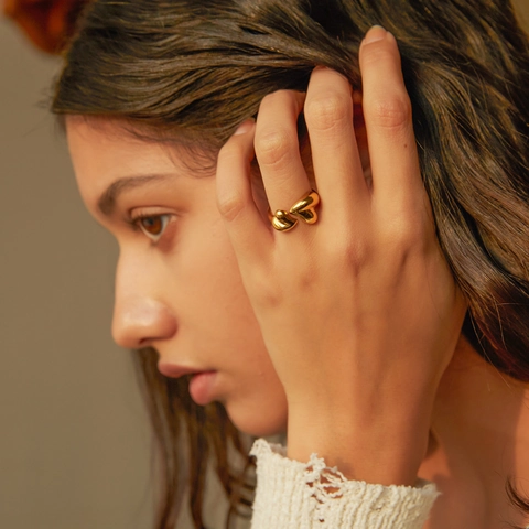 18K Vergoldeter Edelstahl Herz Offener Ring Für Damen Minimalistischer Asymmetrischer Doppelherz Verstellbarer Fingerring Schmuck