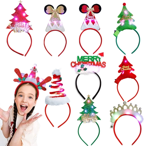 Diadema De Navidad LED Luminosa Accesorios Para El Cabello Festivos Lentejuelas Felpa Decoración Árbol De Navidad Astas De Reno