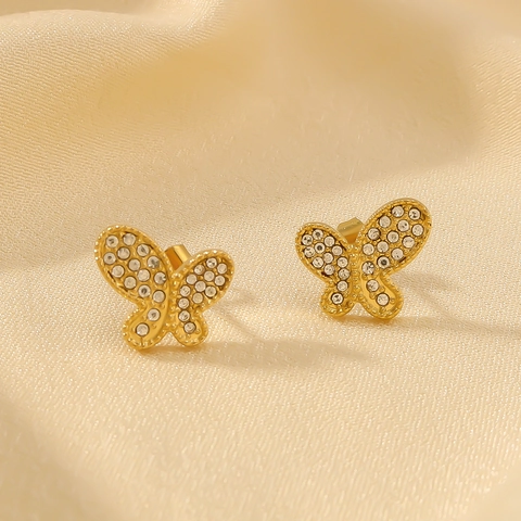 Elegant Butterfly Stud Earrings 18K Gold Plated Stainless Steel With Zircon Inlaid Fashion Jewelry