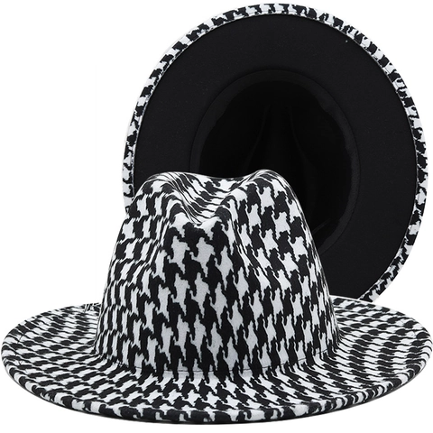 Cappello Fedora In Feltro Di Lana Motivo Pied De Poule Stile Britannico Retrò Tesa Larga Piatta Unisex