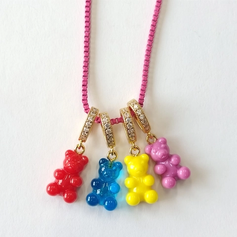 Collana Pendente Orsetto Gommosa Resina Colorata Ciondolo Animale Catena Box A Strati Accento Strass Hip Hop Streetwear Unisex