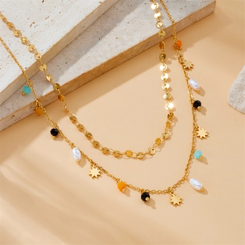 Collana A Doppio Strato In Acciaio Inossidabile Con Ciondolo A Stella Perline Multicolore E Künstliche Perle Sintetiche Gioielli Boho Donna