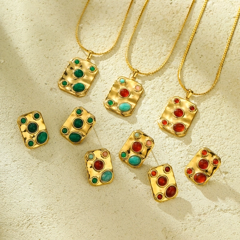 Vintage Stainless Steel Natural Stone Pendant Necklace Geometric Rectangular Stud Earrings Set Exotic Fashion Jewelry For Women