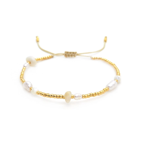 Bracelet Tissé à la Main Bohème Avec Perles d'Eau Douce Pierre Naturelle Perles de Verre Réglable Femme