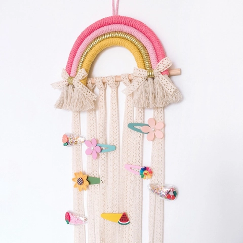 Woven Rainbow Hair Bow Holder Cotton Rope Wood Wall Hanging Storage Organizer Kids Room Nursery Decor Lace Ribbons