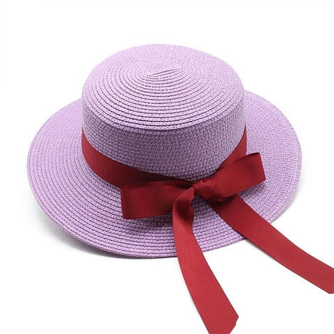 Women Straw Boater Hat Paper Woven Flat Top Sunshade Wide Brim With Ribbon Bow Retro French Summer Beach Vacation Travel