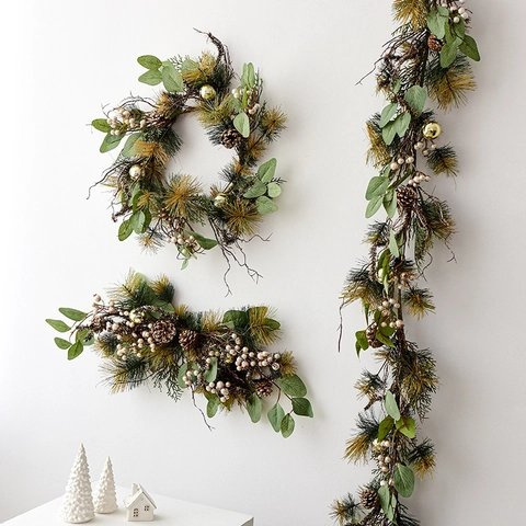 Artificial Christmas Garland Wreath Swag With Pine Needles Red Berries Natural Pinecones For Fireplace Wall Home Holiday Festive Decor