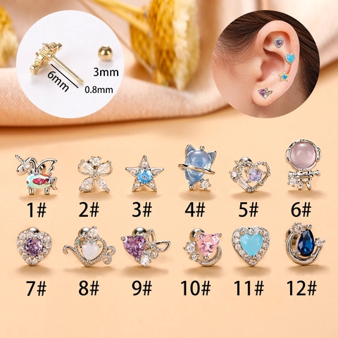 Pendientes De Cartílago Acero Inoxidable Cobre Circonita Corazón Estrella Luna Piercing Helix Para Mujeres