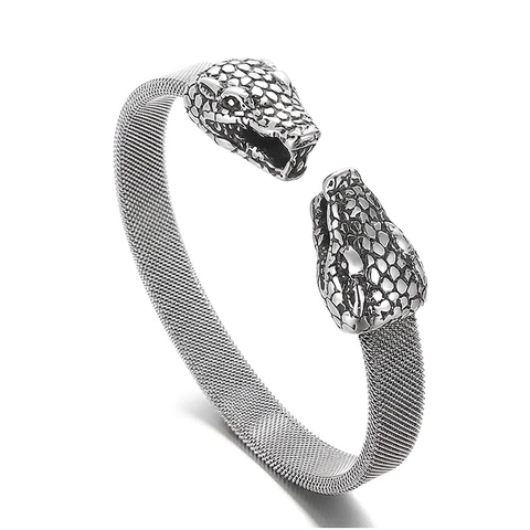 Doppel Schlangenkopf Herren Armband 316L Edelstahl Milanese Mesh Kette Retro Punk Hip Hop Gothic Offener Armreif