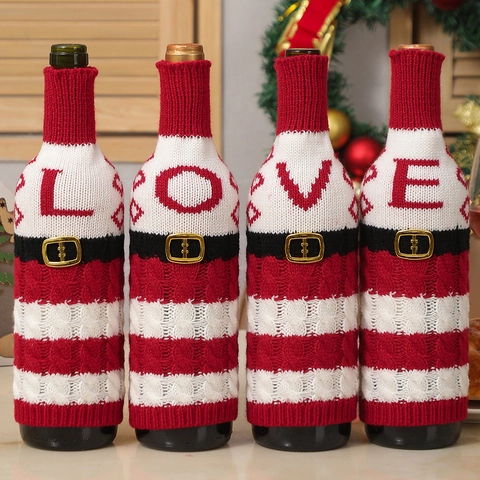 Christmas Wine Bottle Cover Knitted Acrylic Letter Pattern Festive Dining Table Decor Santa Belt Design Holiday Party