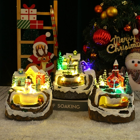 Weihnachtsdorf Miniatur Harz Ornament LED Licht Musik Drehender Zug Desktop Dekoration Feiertag Geschenk