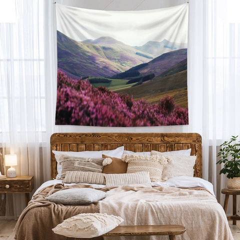 Natur Berglandschaft Wandteppich Lila Blumenmeer Szenarie Polyester Gewebe Boho Wandbehang Heimdekoration