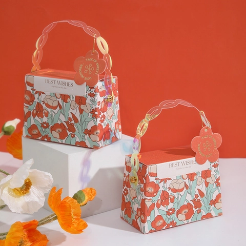 Retro Floral Gift Box Paper Candy Packaging Handheld Portable PVC Handle Wedding Birthday Party European Style