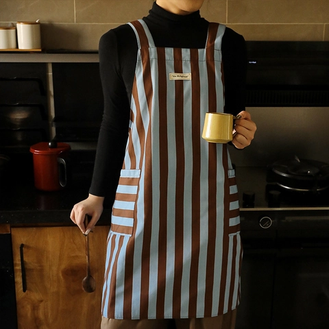 Vintage Gestreifte Schürze Ärmelschoner Wasserabweisend Polyester Baumwolle Taschen H-Form Rücken Ohne Bindung Küche Kochen