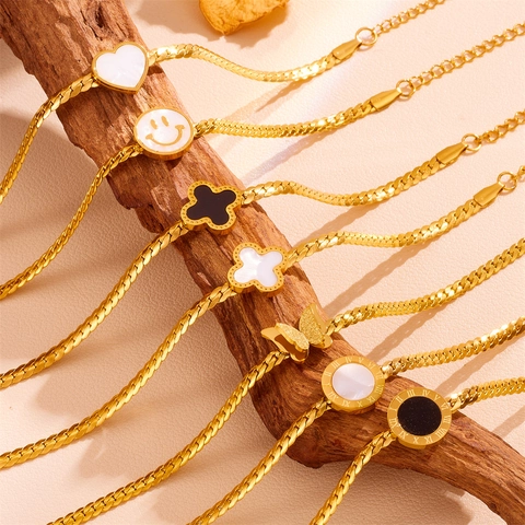 Pulsera De Moda Para Mujer Acero Inoxidable Chapado En Oro Mariposa Corazón Trébol Sonrisa Amuleto Número Romano Ajustable