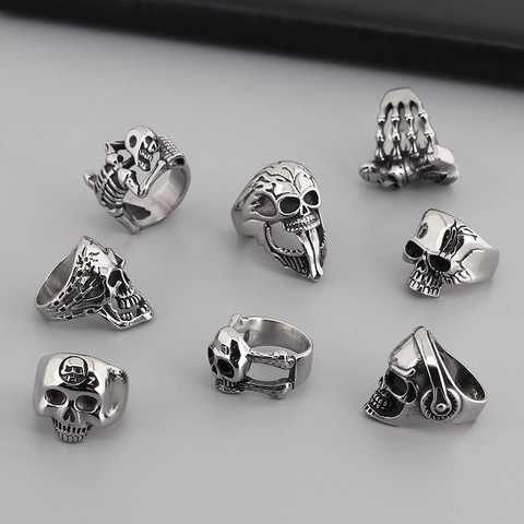 Schedel Ring Voor Heren Roestvrij Staal Gothic Punk Koptelefoon Skelet Biker Vintage 3D Gesneden Sieraden Stoer Accessoire