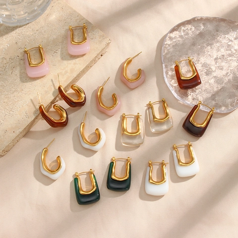 Geometric U-Shaped And C-Shaped Hoop Earrings Stainless Steel And Acrylic Retro Simple Fashion Jewelry For Women