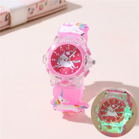Childrens Quartz Watch Luminous LED Backlight 3D Cartoon Unicorn Rainbow Pattern Silicone Strap Analog Display For Girls Students Gift Novelty