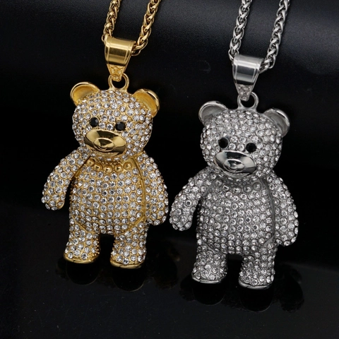 Teddybär Anhänger Halskette Edelstahl Vollbesetzt Mit Strass Iced Out Hip Hop Bling Tier Schmuck Für Herren Damen