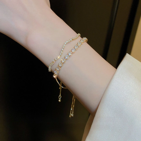 Bracelet Géométrique Ajustable À Vagues Élégant Luxe Cuivre Avec Zircon Strass Tennis Bangle Pour Femmes Mode