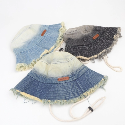 Gewaschener Denim Fischerhut Ausgefranster Rand Farbverlauf Sonnenhut Mit Winddichtem Seil Lederetikett Damen