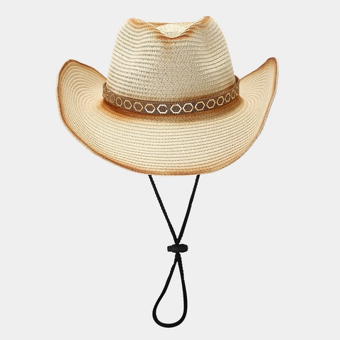 Chapeau De Cow-Boy En Paille Pour Femmes Protection Solaire Décoration Strass Bord Dégradé Corde Coupe-Vent Réglable Plage
