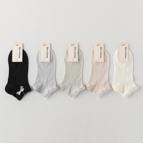 Women Ankle Socks Lace Trim Bowknot Mesh Breathable Nylon Thin Low Cut Sweet Style Seamless Toe
