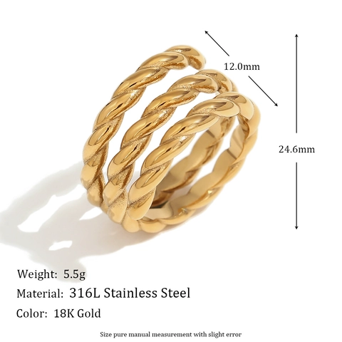 Anillo Abierto en Espiral de Acero Inoxidable de Triple Capa con Cuerda Trenzada Minimalista para Mujer Oro de 18K