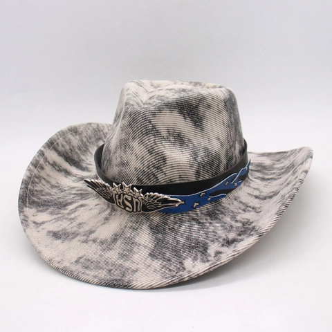 Western Cowboy Hat Polyester Tie Dye American Retro Metal Badge Wide Brim Sun Protection For Women Men