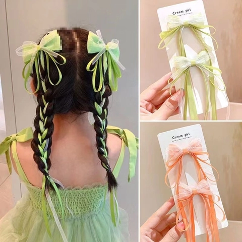 Kinderen Haarstrikken Haarspelden Lint Organza Lange Streamer Handgemaakte Meisjes Haarpeld Accessoires