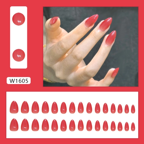 Glossy Red Almond Press On Nails Simple Elegant False Nails For Women Full Cover Artificial Fingernails
