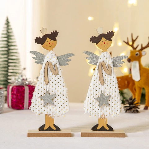 Christmas Angel Figurine Wooden Desktop Ornament Plush Polka Dot Skirt Glitter Wings DIY Holiday Decor Novelty