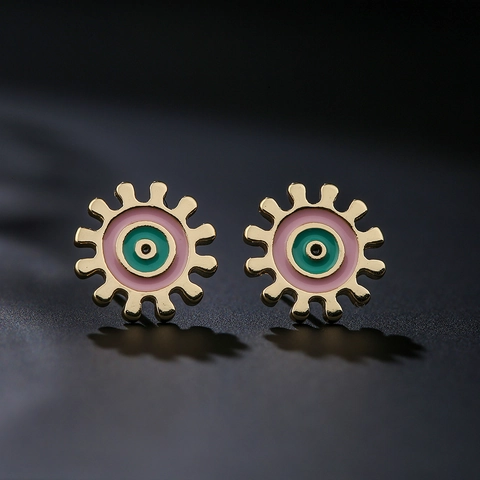 Evil Eye Stud Earrings Copper 18K Gold Plated Colorful Enamel Sunburst Gear Geometric Jewelry For Women