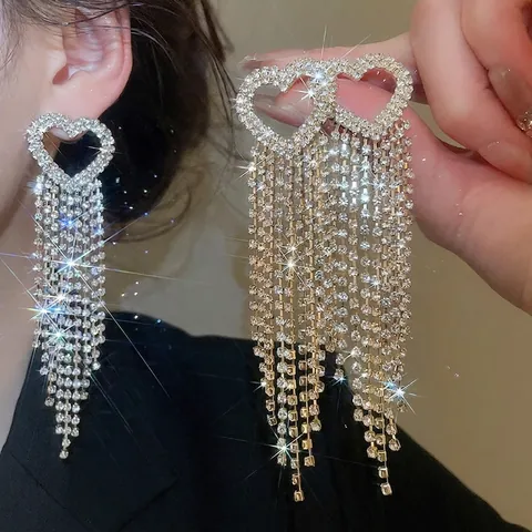 Orecchini In Rame A Forma Di Cuore Con Lunghe Nappine In Zircone E Strass E Perno In Argento Gioielli Eleganti Da Festa Per Donna