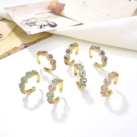 Fashion 18K Gold Plated Copper Evil Eye Open Ring Colorful Zirconia Enamel Adjustable Finger Ring For Women Jewelry Gift
