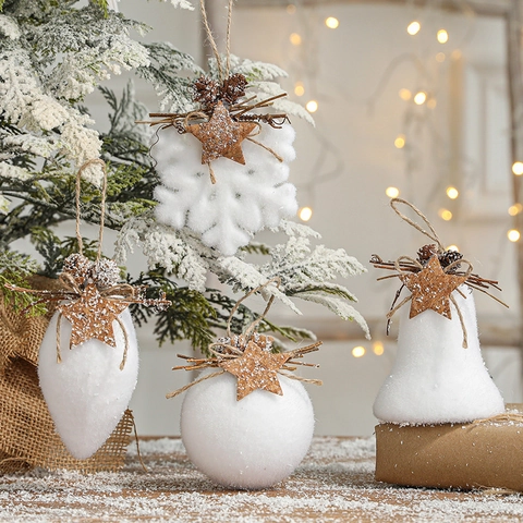 Ornamenti Appesi Natale Schiuma Floccata Bianca Stella Legno Pigna Naturale Corda Canapa Per Decorazione Invernale Rustica
