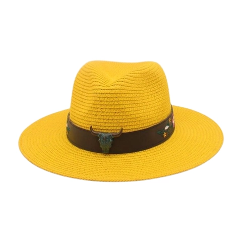 Wide Brim Straw Fedora Hat Bull Skull Metal Accessory Floral Embroidery Ethnic Western Cowboy Beach Sun Protection Sunhat