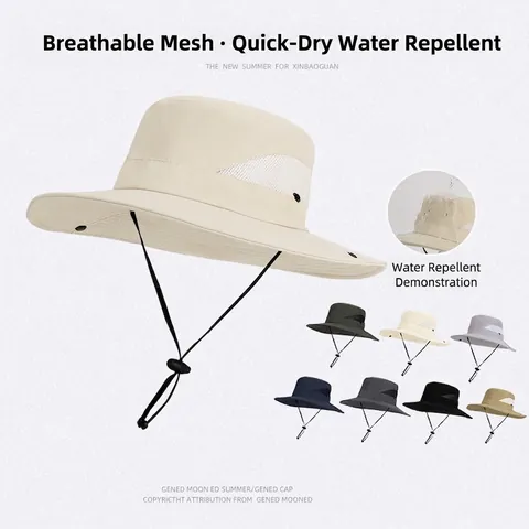 Outdoor Waterproof Bucket Hat Polyester Breathable Mesh Wide Brim Sun Protection Adjustable Wind Rope Hiking Fishing