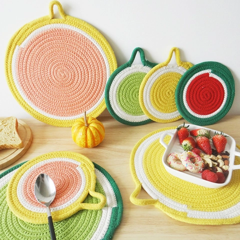 Round Fruit Placemat Cotton Rope Woven Heat Resistant Coasters Table Decoration Nordic Style Hanging Loop Watermelon Kiwi