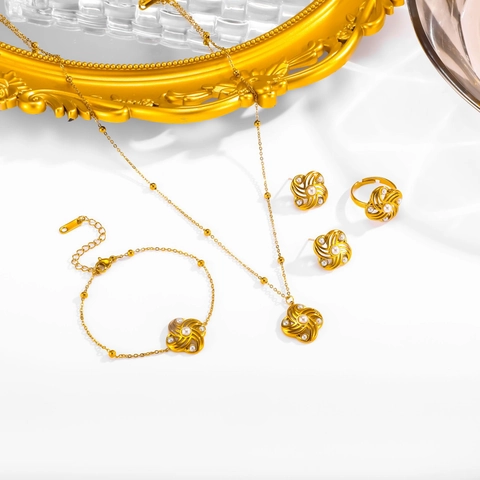 Stainless Steel Artificial Pearl Windmill Jewelry Set Vintage 18K Gold Plated Necklace Bracelet Earrings Ring For Women