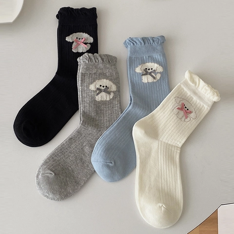 Chaussettes Mi-Mollet En Coton Pour Femmes Tricot Côtelé Broderie Chiot Dessin Animé Noeud Bordure À Volants Doux Mode