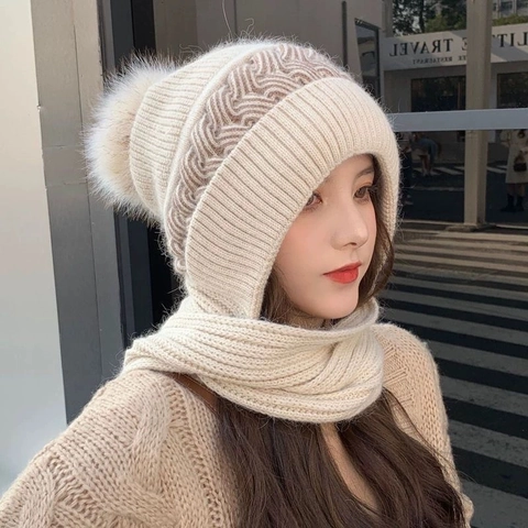 Women Winter Knitted Balaclava Hooded Scarf Hat With Pom Pom Thick Warm Cotton Blend Ear Protection Integrated Outdoor Hat