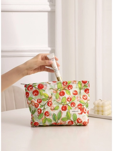 Borsa Cosmetica Floreale Dolce da Donna in Tela di Cotone Portatile Organizer per Trucco da Viaggio Borsa da Toilette con Cerniera e Stampa di Bacche Mirtilli