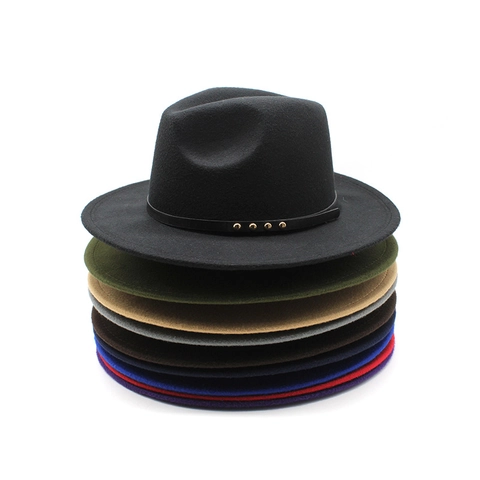Vintage Woolen Felt Fedora Hat Wide Brim Jazz Cap With Rivet Belt Decoration Retro Fashion Unisex Accessory