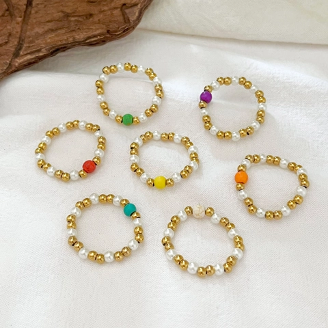 Bohemian Stainless Steel Gold Beaded Ring Natural Freshwater Pearl Turquoise Elastic Band Finger Ring For Women Fashion Jewelry