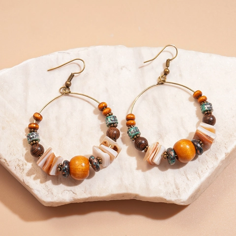 Pendientes De Aro Bohemios Con Cuentas De Madera Conchas Naturales Pendientes Colgantes Aleación Retro Para Mujer
