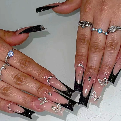 Unghie Finte A Pressione Farfalla Lunghe Bara Rosa Nudo Nero Francese Glitter Strass Eleganti Per Donne Ragazze