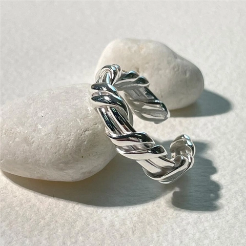 925 Sterling Silver Twisted Braided Ring Minimalist Irregular Geometric Open Adjustable Jewelry For Women