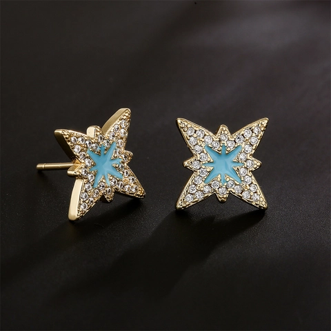 Eight Pointed Star Stud Earrings Copper Gold Plated Cubic Zirconia Enamel Geometric Minimalist Jewelry For Women