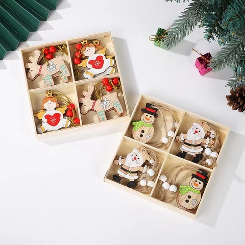 12Pcs Painted Wood Christmas Ornaments Set Angel Reindeer Santa Snowman Hanging Pendant For Christmas Tree Festive Decor